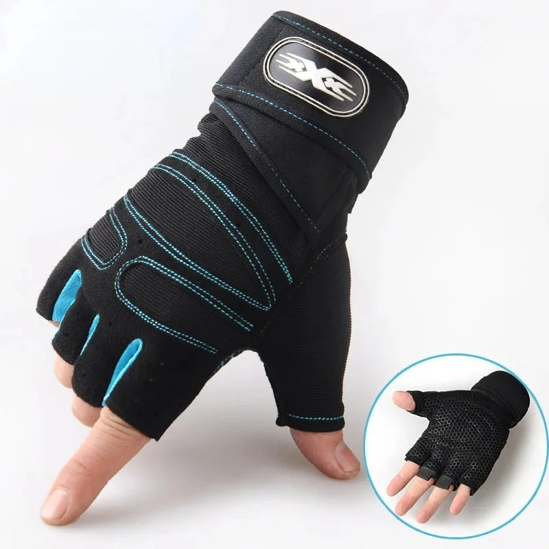 Black gym glove with blue stitching, extended wrist wrap, and a textured, anti-slip palm grip.