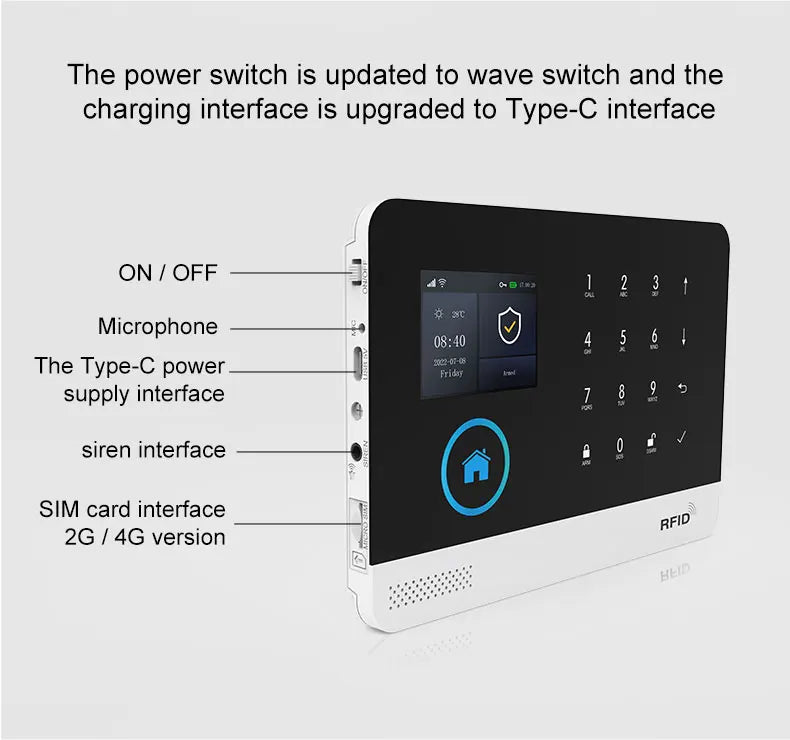 Black and white smart home alarm panel with touchscreen, numeric keypad, Type-C charging port and SIM card slot.