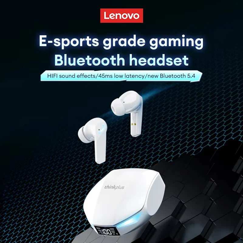 White wireless gaming earbuds with a matching angular charging case featuring a digital battery display.