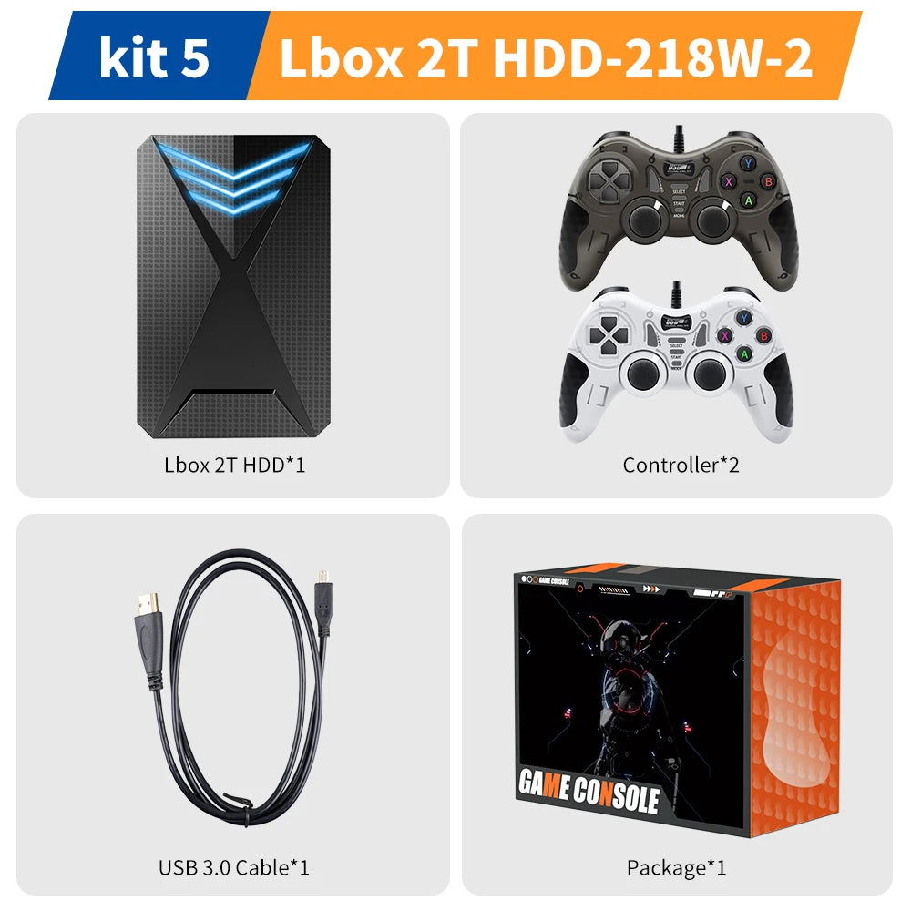 JMachen 2TB gaming HDD with black textured case, two controllers in grey and white, USB 3.0 cable, and package box.