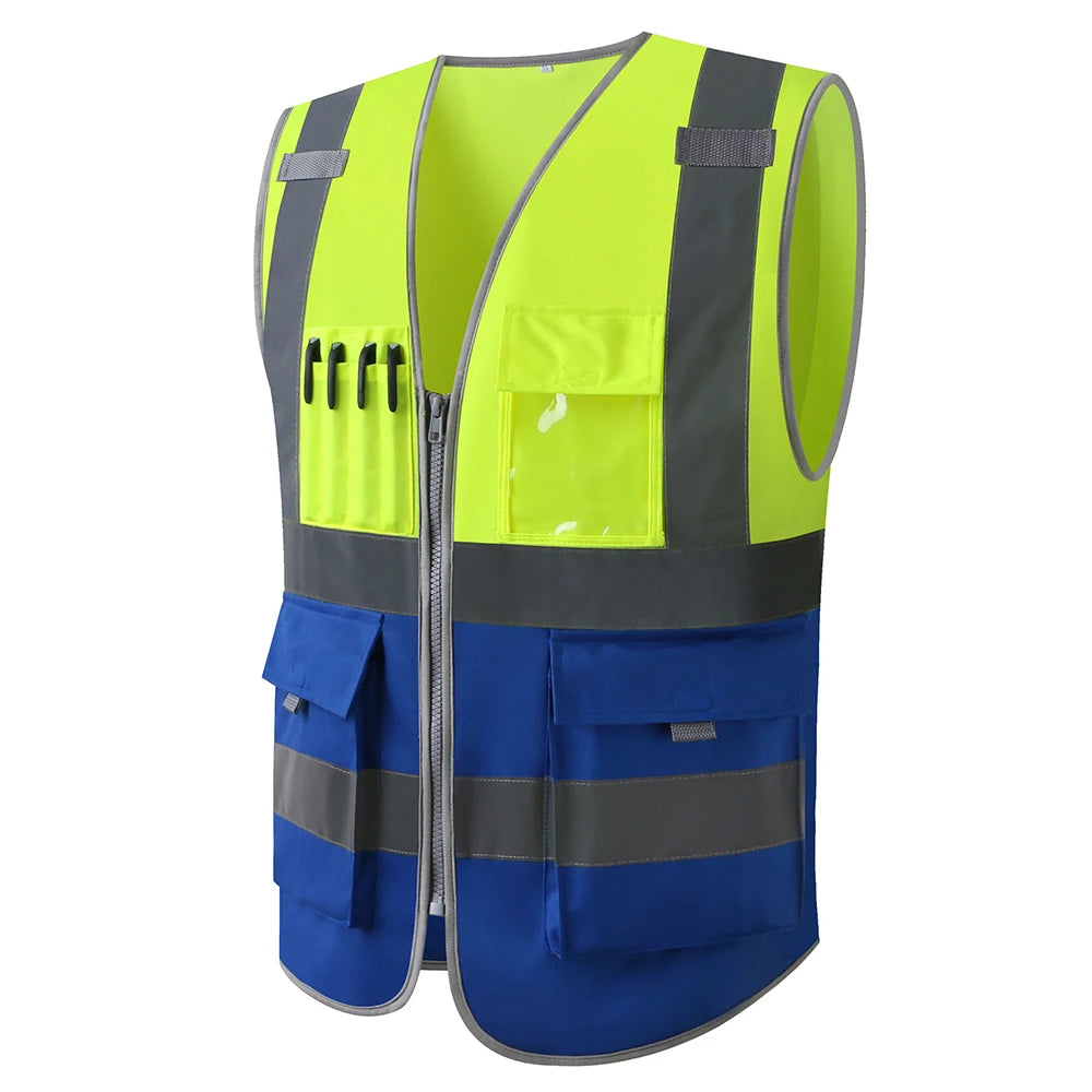 High-visibility safety vest in neon yellow and blue, featuring reflective strips, a zip front, and multiple pockets.