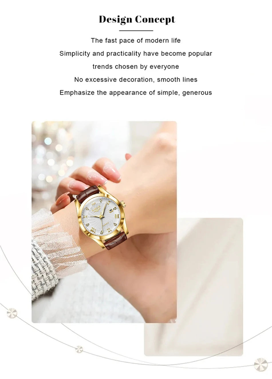Elegant women’s quartz watch with a gold-tone case, white textured dial, and brown leather strap on a wrist.