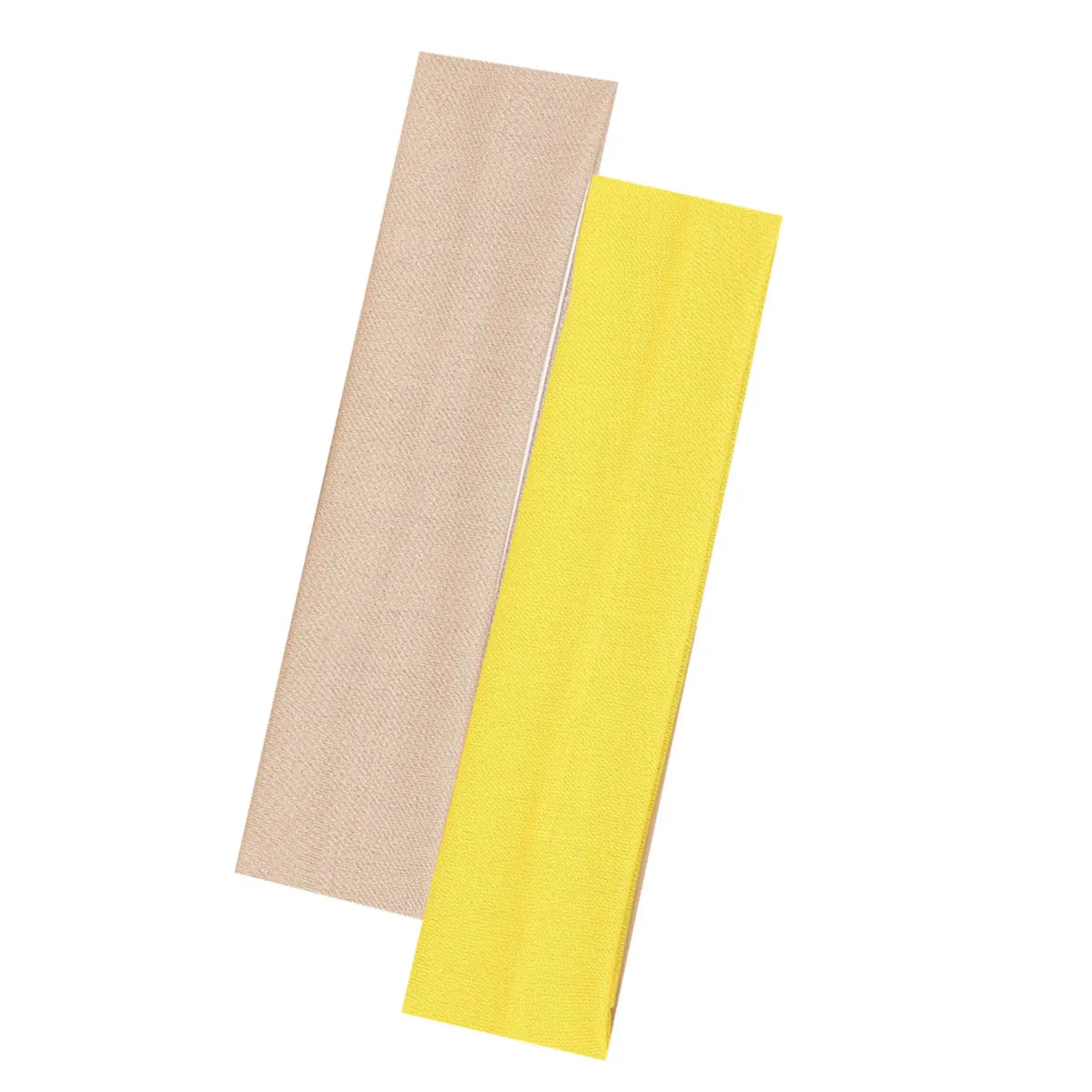 Two fabric headbands in beige and bright yellow, shown side by side against a white background.