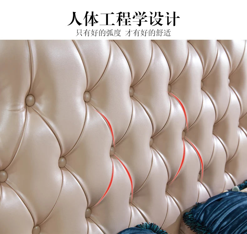 Close-up of a modern, beige button-tufted padded headboard with a curved, ergonomic design.