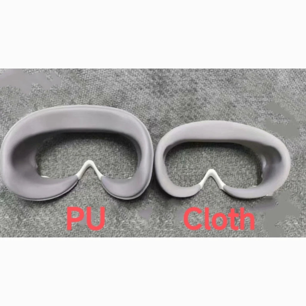 Two gray VR Pico 4 face cushions, one PU leather and one cloth, with curved contoured foam padding.