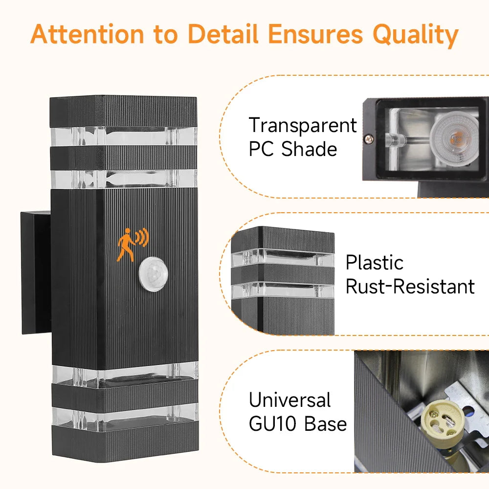 Black, modern rectangular outdoor LED wall light with motion sensor, transparent shade, and GU10 bulb base.