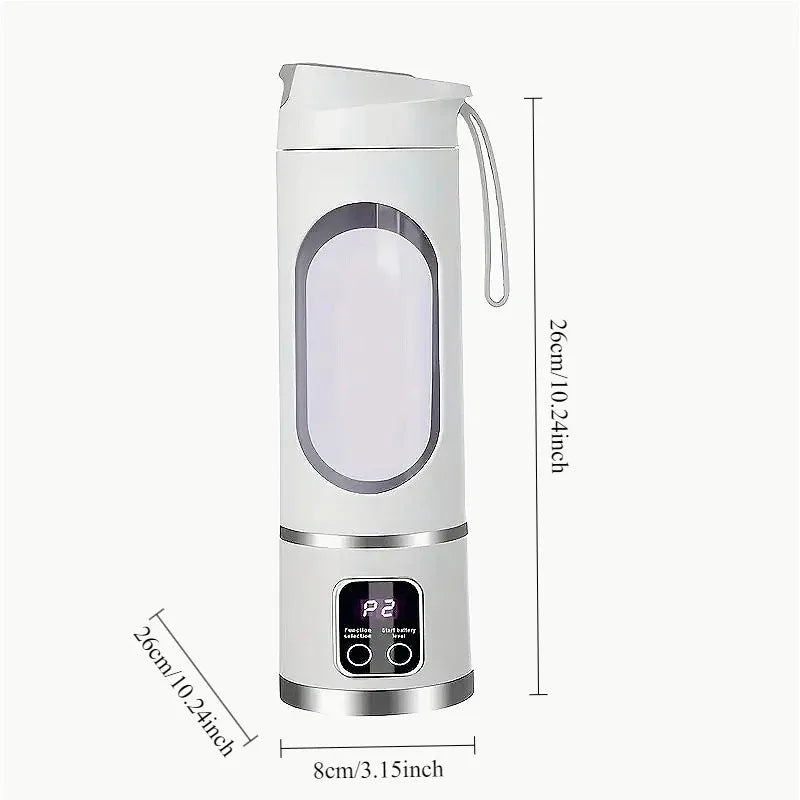 White portable electric blender bottle with a digital display, carry strap, and dimensions labeled.