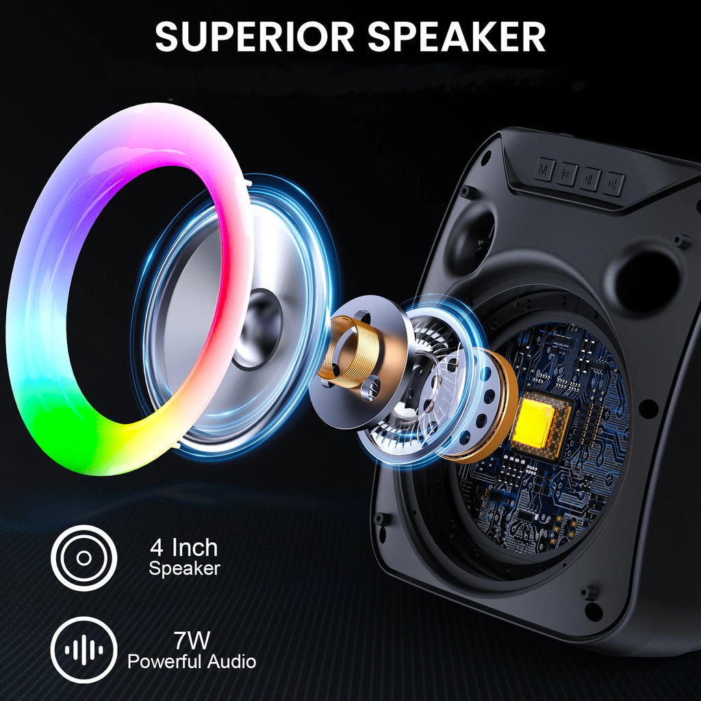 Black portable wireless speaker showing internal 4-inch speaker components and a vibrant rainbow LED ring light.