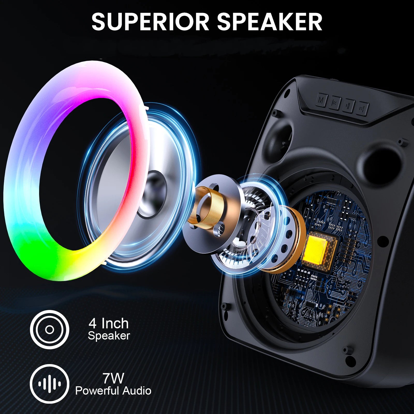 Black portable wireless speaker showing internal 4-inch speaker components and a vibrant rainbow LED ring light.