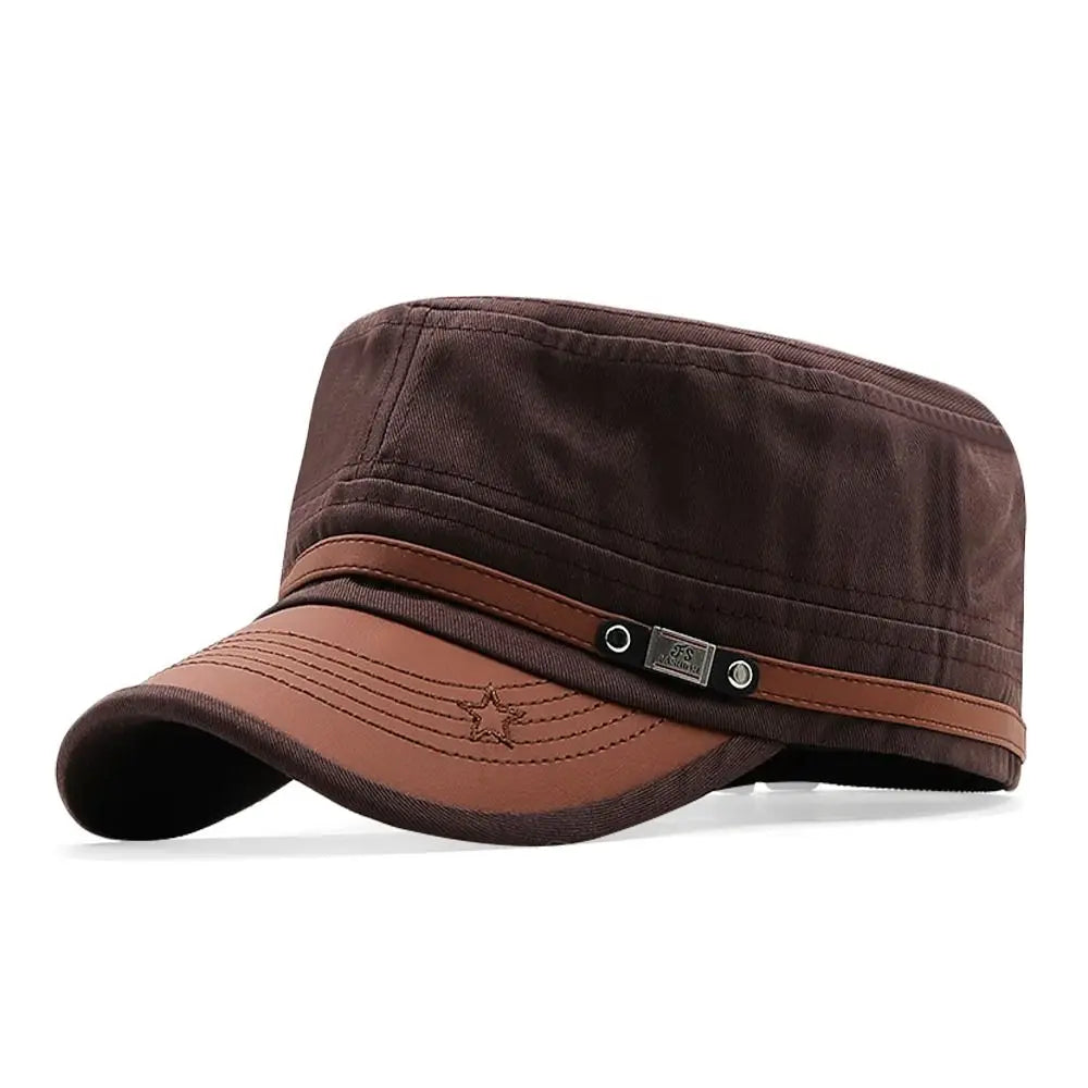Unisex brown canvas cadet-style cap with a faux leather brim, stitched star detail, and decorative side band.