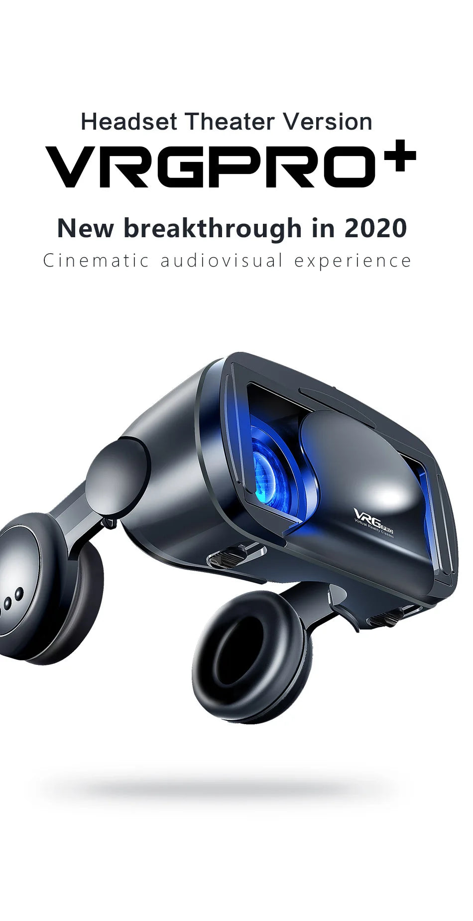 Black VR headset with integrated headphones and blue glowing lenses, featuring a sleek, modern, ergonomic design.