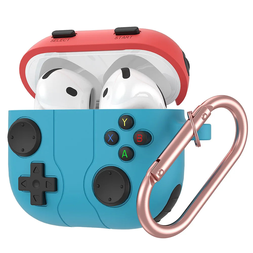 Blue and red silicone retro controller case for AirPods, featuring a rose gold carabiner.