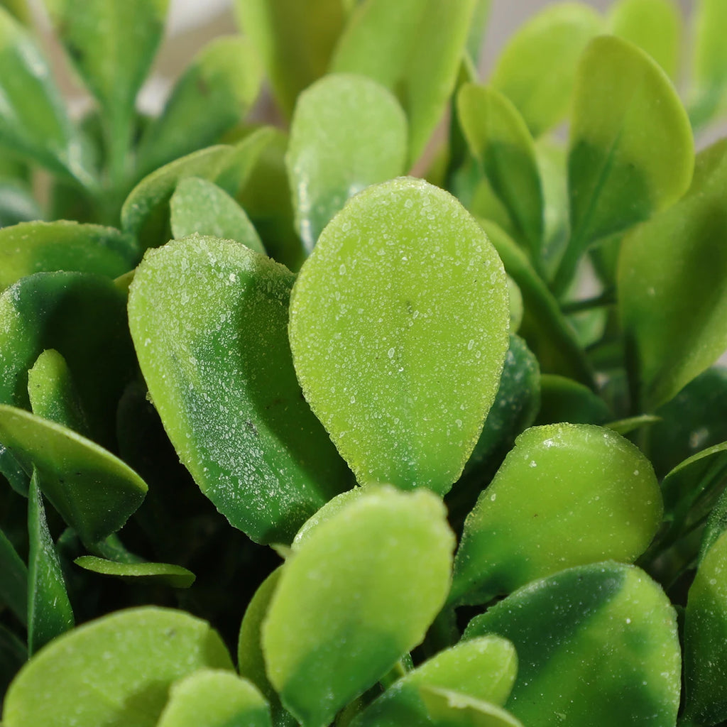 Close-up of a small artificial plant with vibrant, light green oval leaves featuring a textured, matte finish.