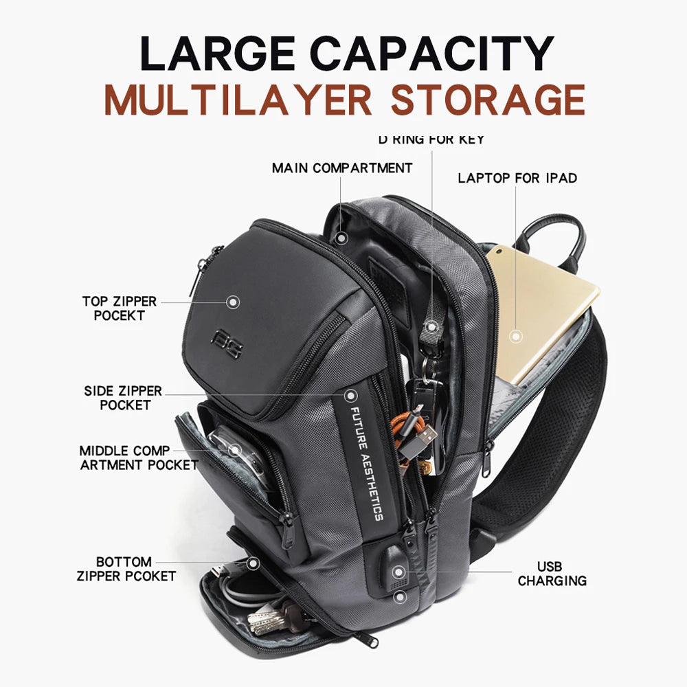 Grey, multi-compartment anti-theft crossbody bag with USB charging port and organised storage for tablets and keys.