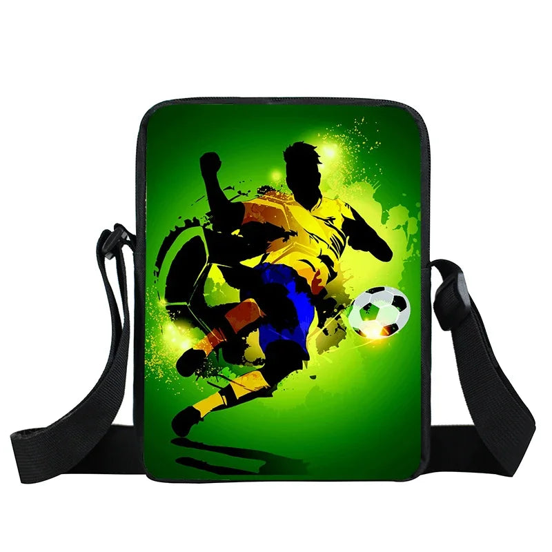 Vertical crossbody bag featuring a vibrant green football-themed design with a player silhouette and adjustable strap.