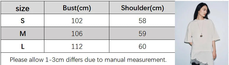 A woman wearing a cream, short-sleeved casual top alongside a size guide table showing bust and shoulder measurements.
