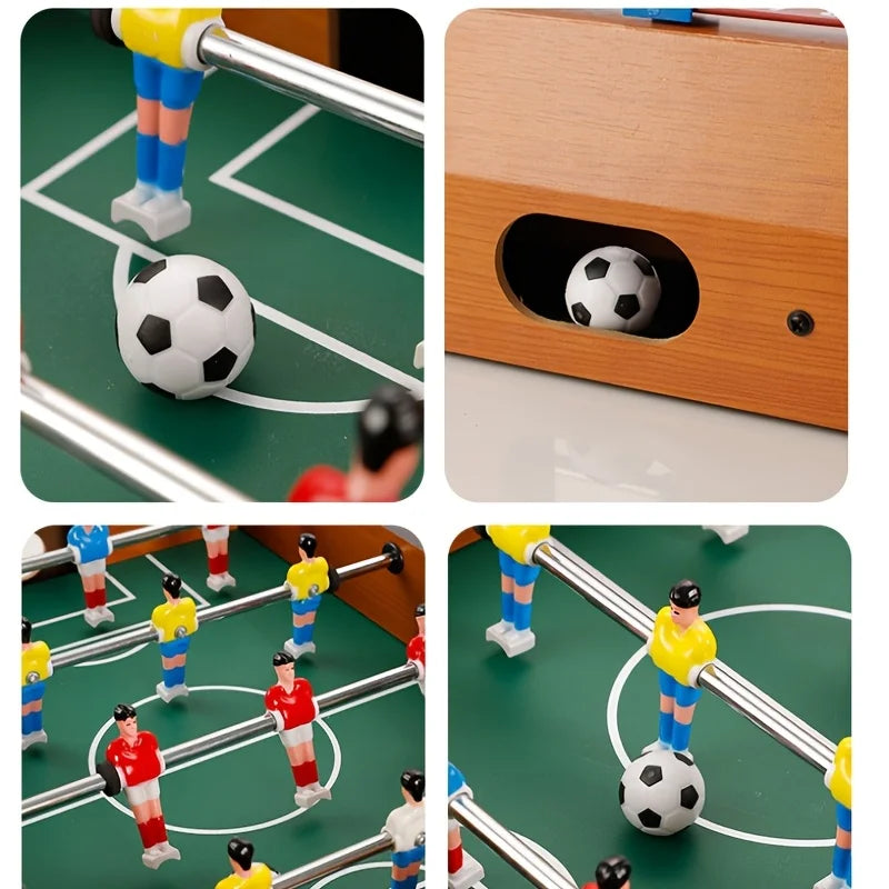 Tabletop foosball game with a wooden finish, green pitch, and red and yellow player figures. Includes miniature ball.