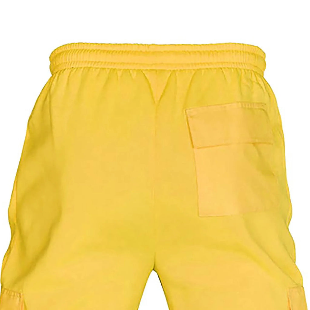 Bright yellow high-visibility work trousers with an elasticated waistband and a rear patch pocket.