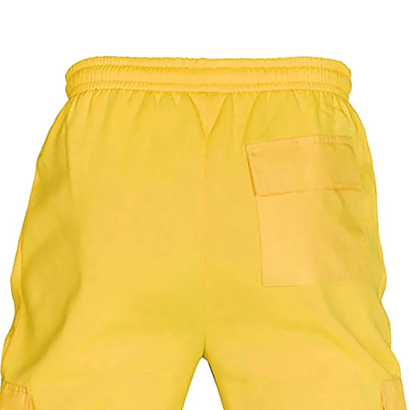 Bright yellow high-visibility work trousers with an elasticated waistband and a rear patch pocket.