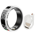 Sleek silver smart fitness ring with a digital display and black inner lining, plus a white magnetic charging cable.