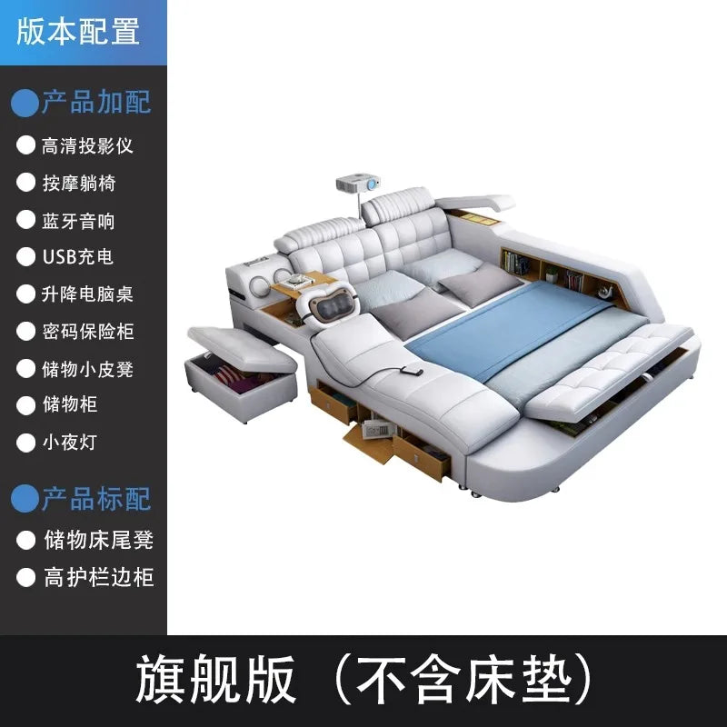 White leather upholstered multifunction bed frame with integrated storage, shelving, massage chair, and projector mount.