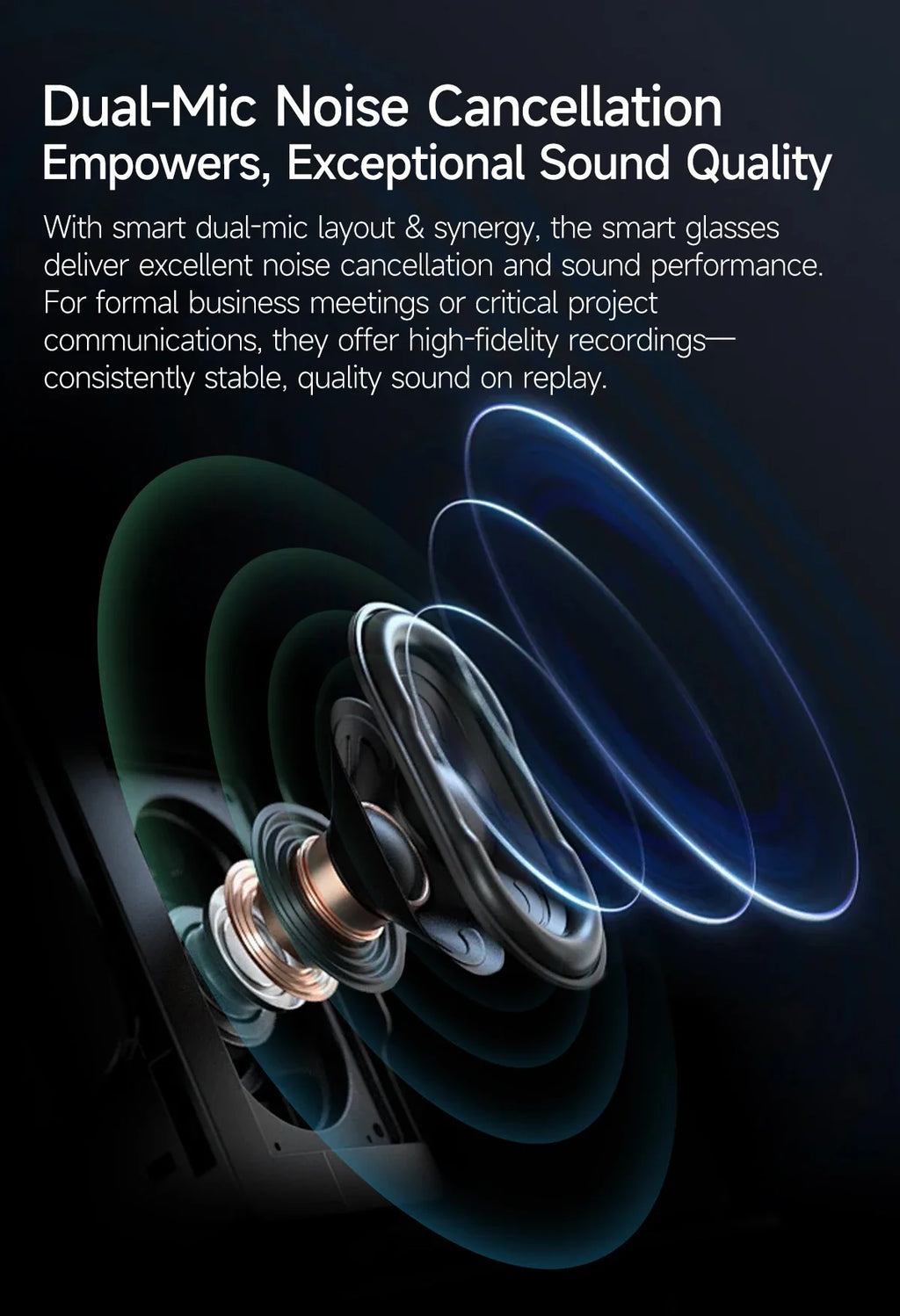A technical diagram showing the internal speaker components of smart glasses with blue sound wave visual effects.