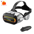 Black and silver 3D VR headset with adjustable head straps, built-in headphones, and a matching black remote.