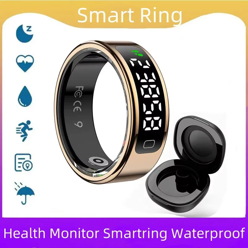 Sleek gold and black smart health ring with an LED digital display, shown alongside its portable charging case.