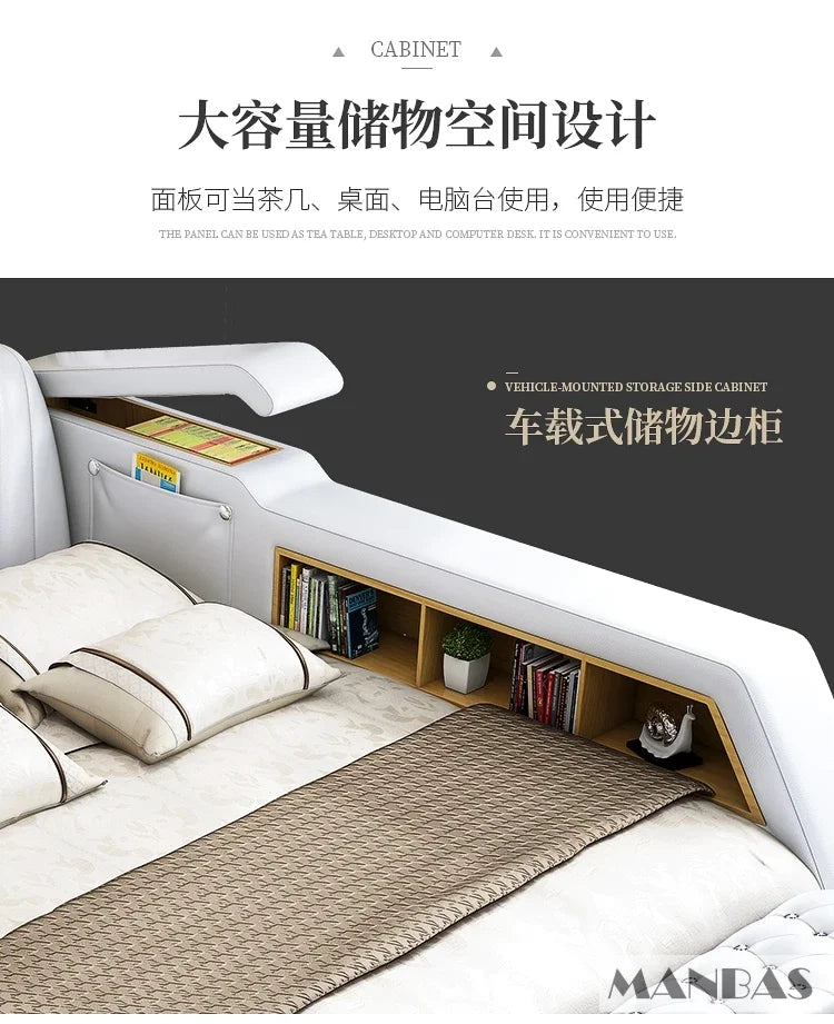 Modern white upholstered smart bed frame featuring integrated wooden shelving and side storage for books and essentials.