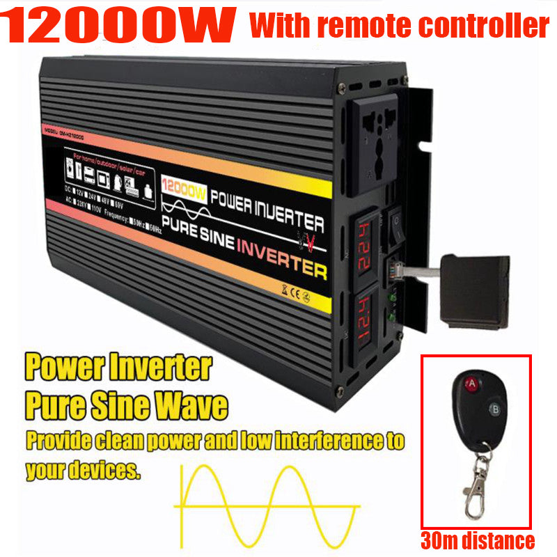 Black 12000W pure sine wave power inverter with digital displays and an included remote control.