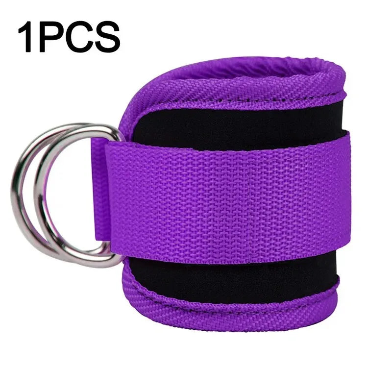 A single purple and black padded ankle strap for gym cable machines, featuring double metal D-rings.