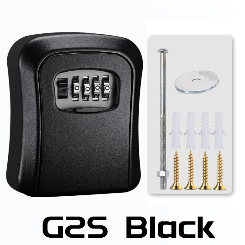 Black metal wall-mounted key lock box with a four-digit combination dial, including mounting screws and anchors.