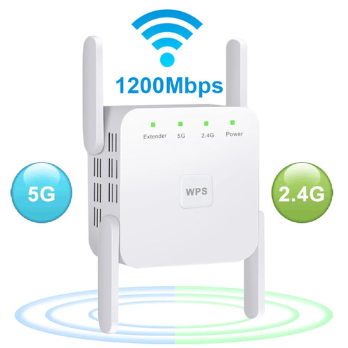 White 1200Mbps dual-band Wi-Fi repeater with four external antennas, indicator lights and a WPS button.