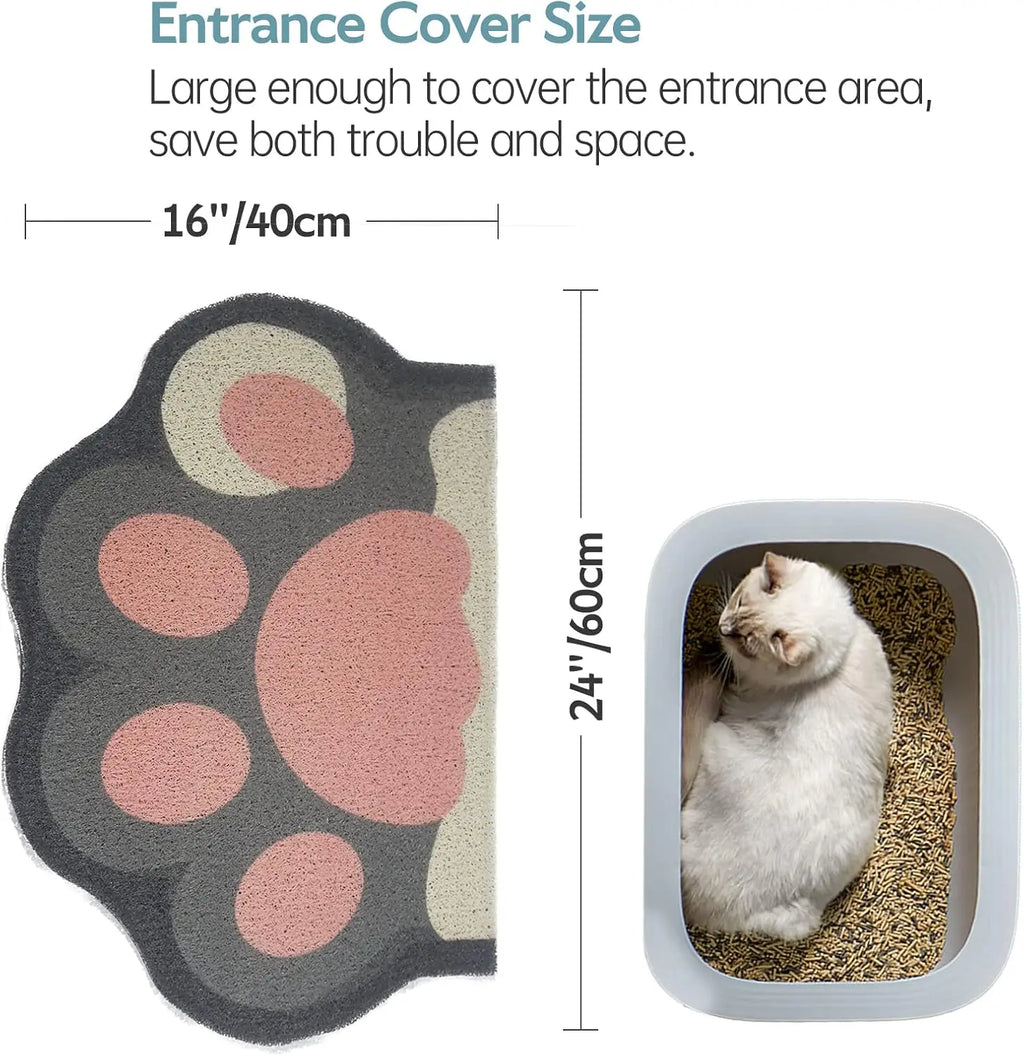 Grey and pink paw-shaped anti-slip cat litter mat, 40cm x 60cm, shown next to a cat in a litter tray.