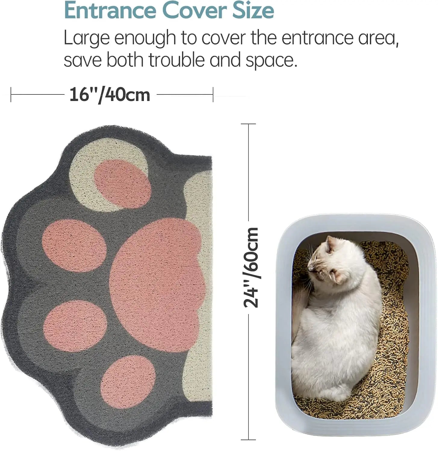 Grey and pink paw-shaped anti-slip cat litter mat, 40cm x 60cm, shown next to a cat in a litter tray.