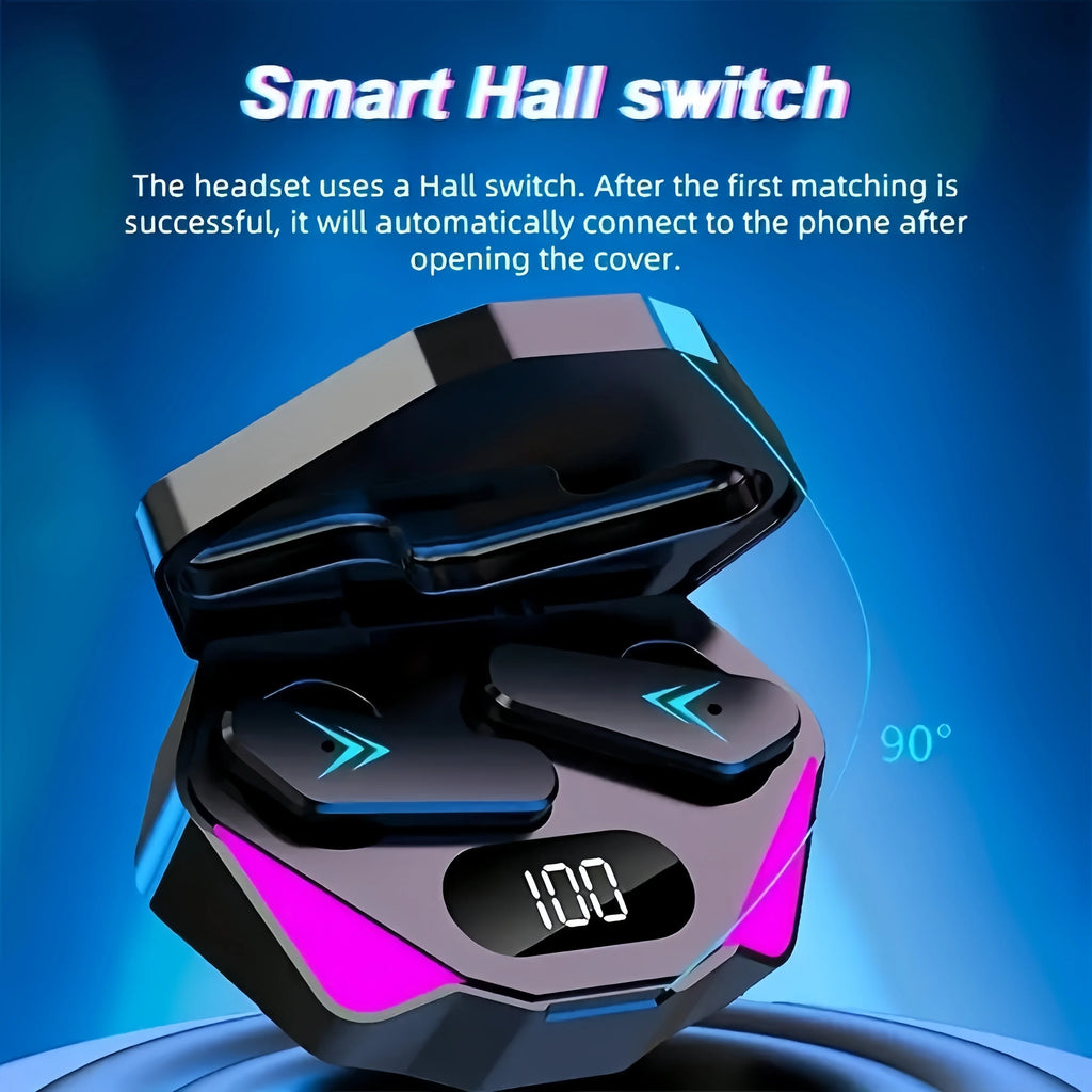 Black wireless earbuds in a charging case with neon pink accents, geometric design, and a digital LED battery display.