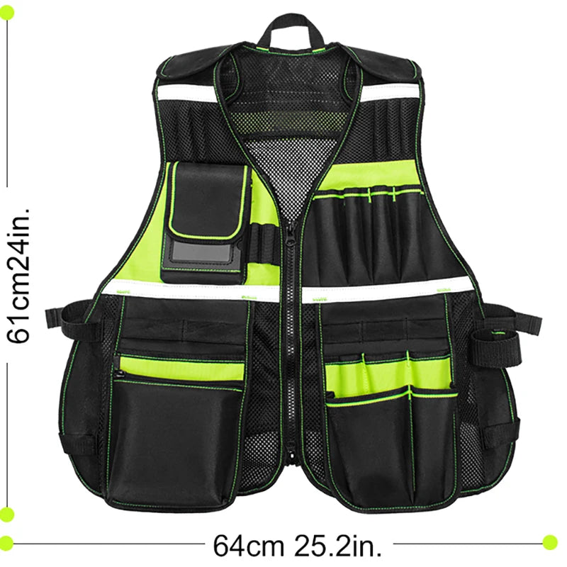 Black and high-vis green heavy-duty tool vest with multiple storage pockets, mesh panels, and reflective detailing.