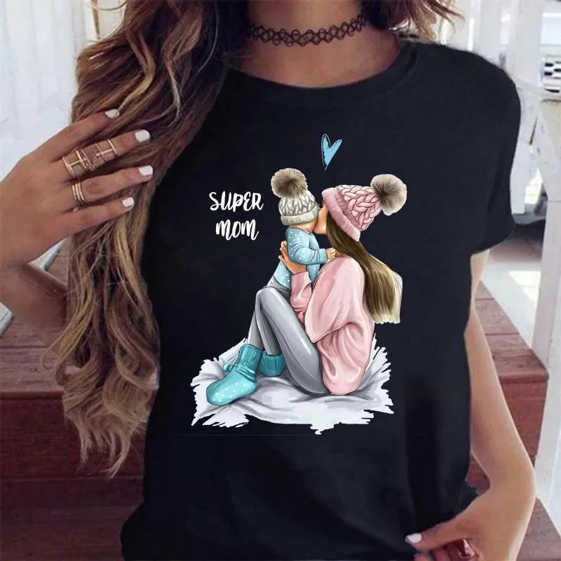 Black t-shirt featuring a "Super Mom" graphic of a mother and baby in winter hats and cozy clothes.
