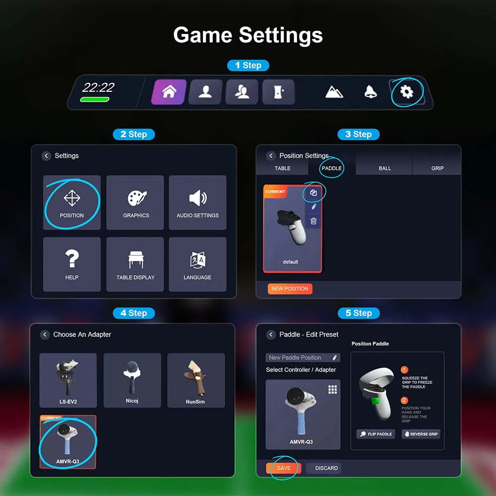 AMVR white and black Quest 3 table tennis paddle adapter shown across five steps of in-game setup menus.