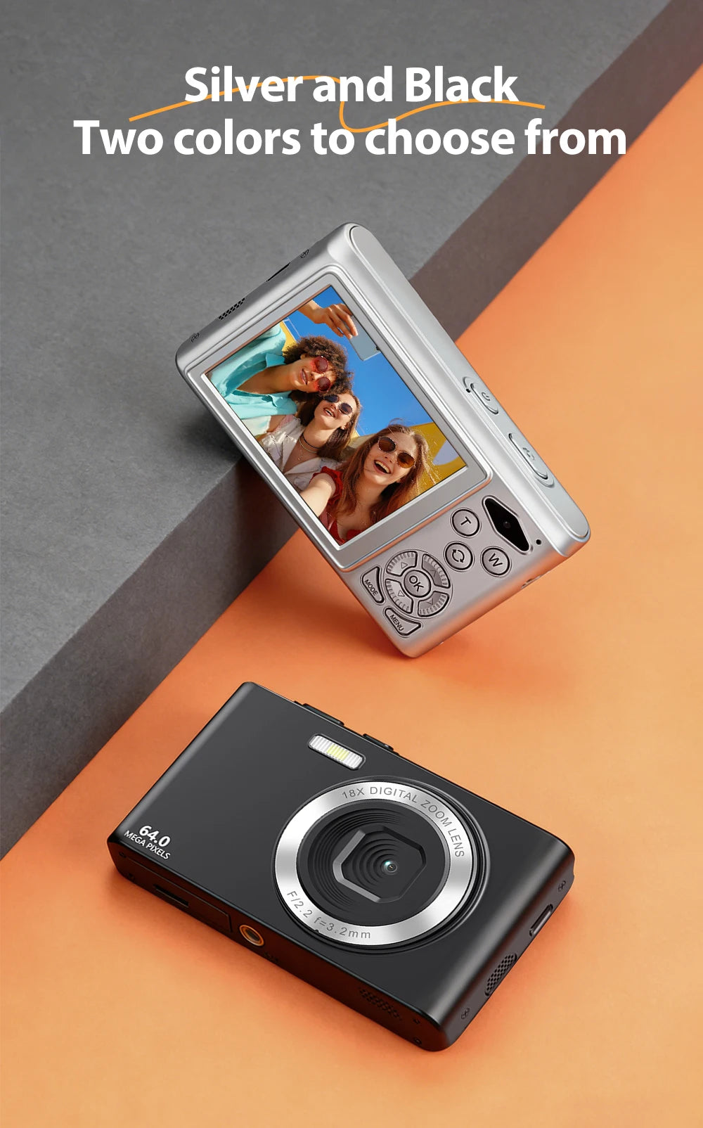 One silver and one black 64MP digital compact camera with 18x zoom lens, shown from front and back.