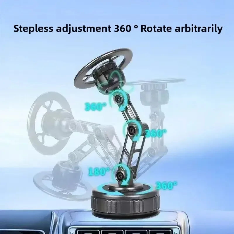 Adjustable grey phone mount for car dashboards with multi-jointed, 360-degree rotating arm design.