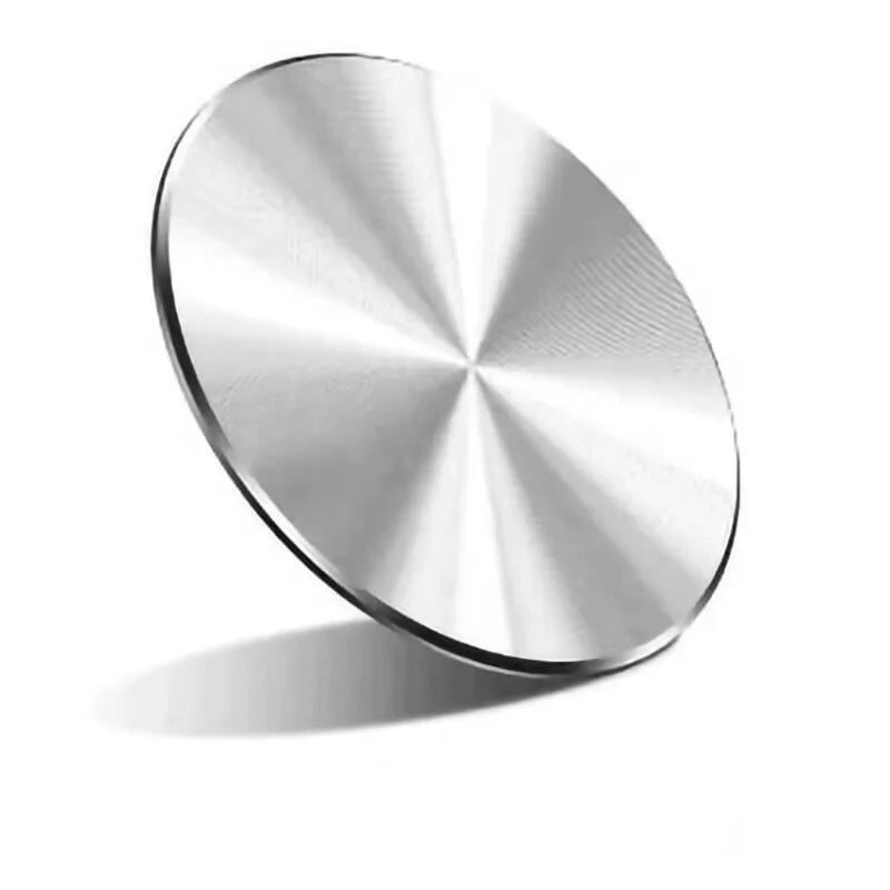 A circular, silver-toned metal disc with a brushed, radial finish set against a plain white background.