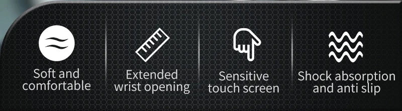 A black graphic listing four glove features: soft, extended wrist, touch screen compatible, and shock absorbing.