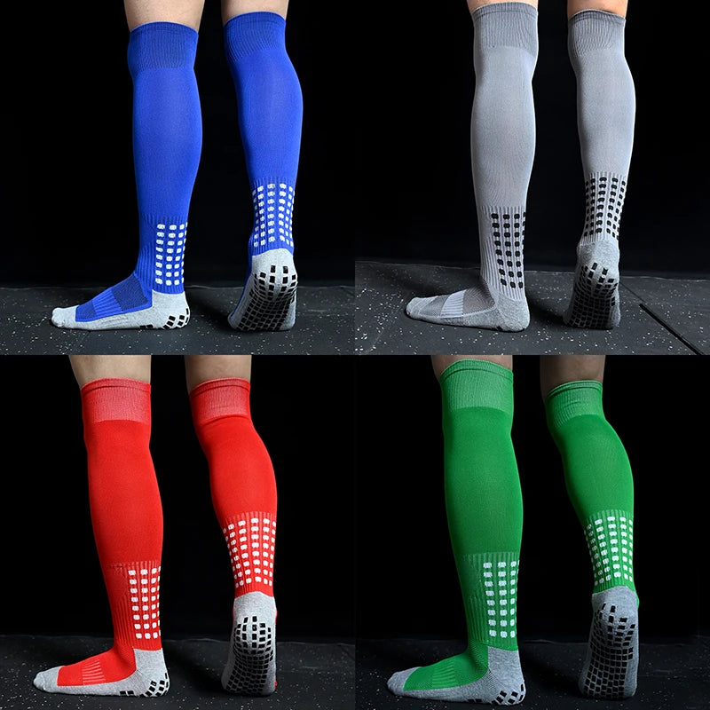 Four pairs of knee-high sports socks with anti-slip grip soles, available in blue, grey, red, and green.