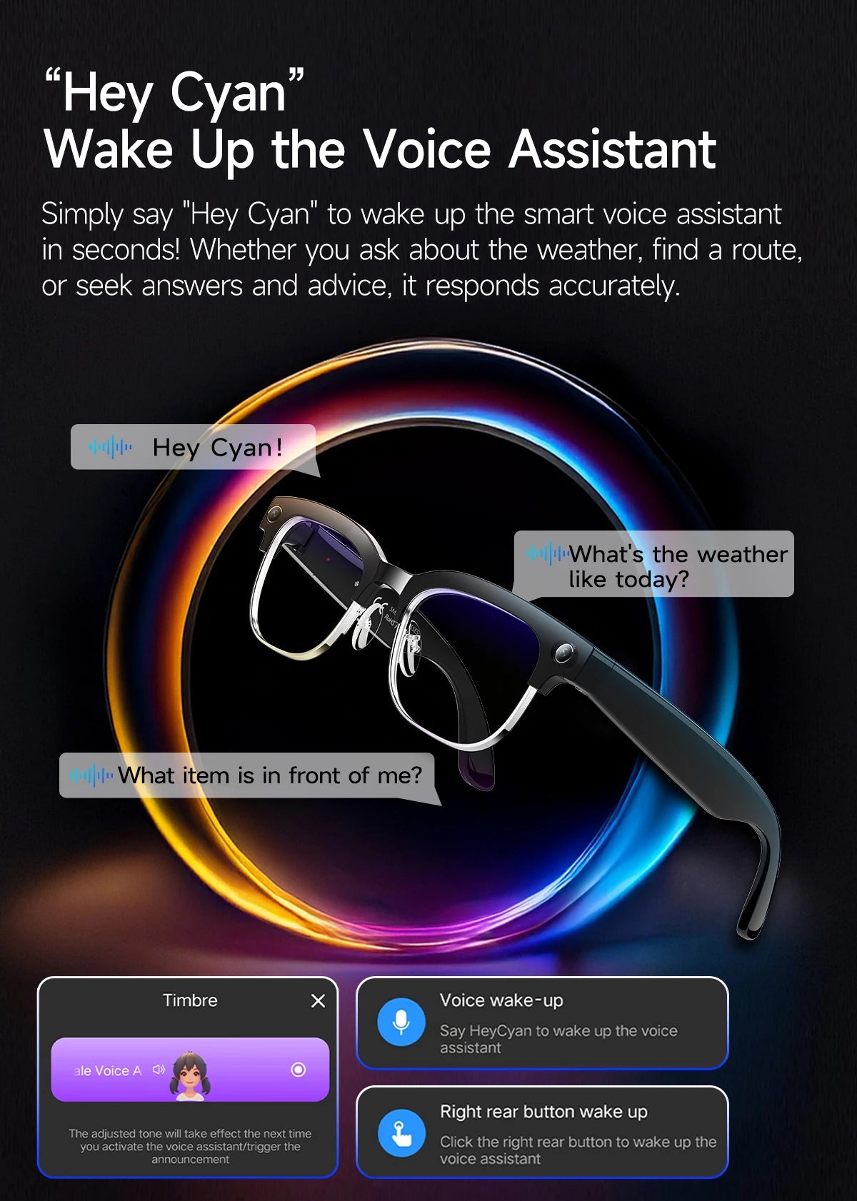Black smart glasses with blue-tinted lenses, highlighting voice assistant features and intuitive button controls.