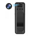 Black plastic wearable body camera with a clip and rotatable lens.