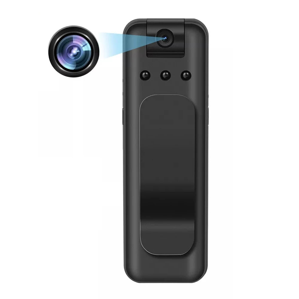 Black plastic wearable body camera with a clip and rotatable lens.