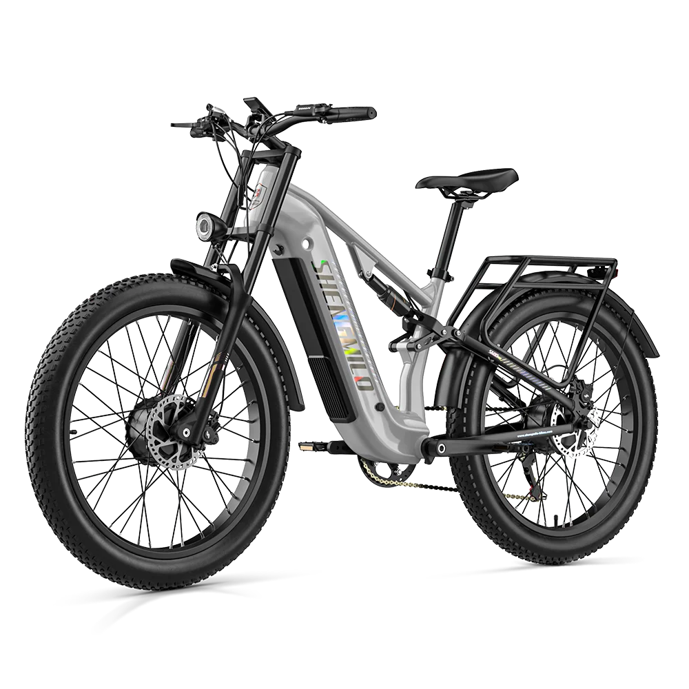 Silver Shengmilo S600 Pro dual-motor electric mountain bike with 26-inch fat tires and rear cargo rack.