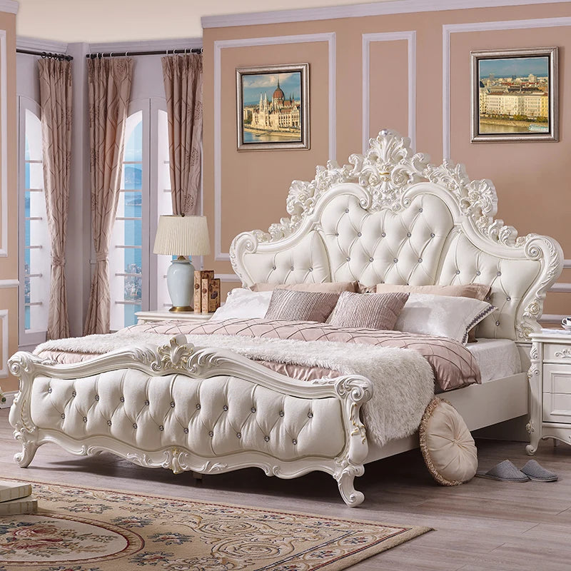 Luxury cream white bed with ornate carved headboard, button-tufted upholstery, and crystal accents in a classic style.
