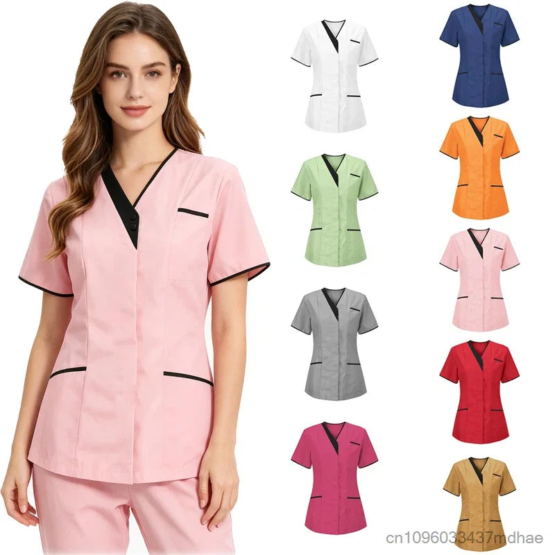 Women's V-neck healthcare work tunic with contrast black trim and pockets, available in various colours.
